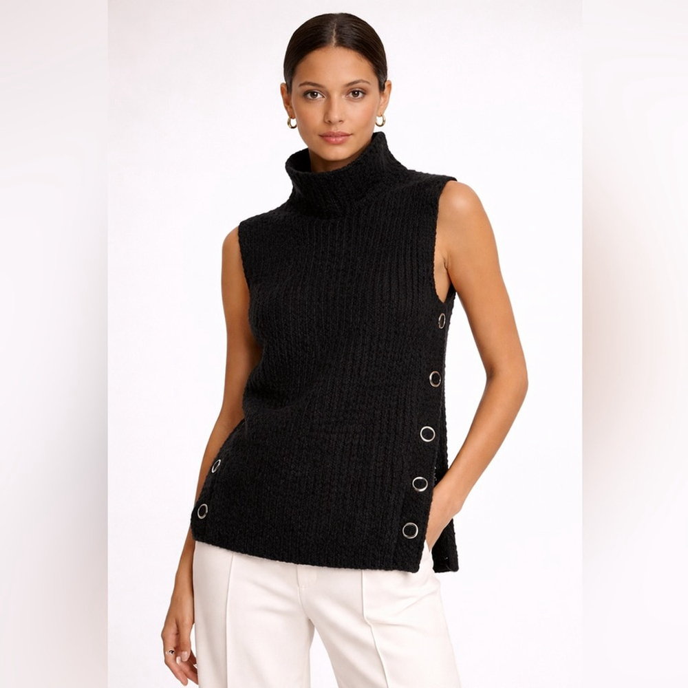 Club Monaco Black Alpaca Wool Blend Turtleneck Sweater Vest Snap Side XS
